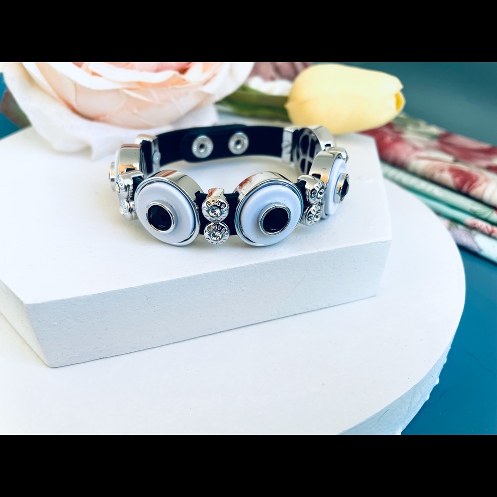 Henri Bendel Vintage Silver Tone Black Leather Bracelet